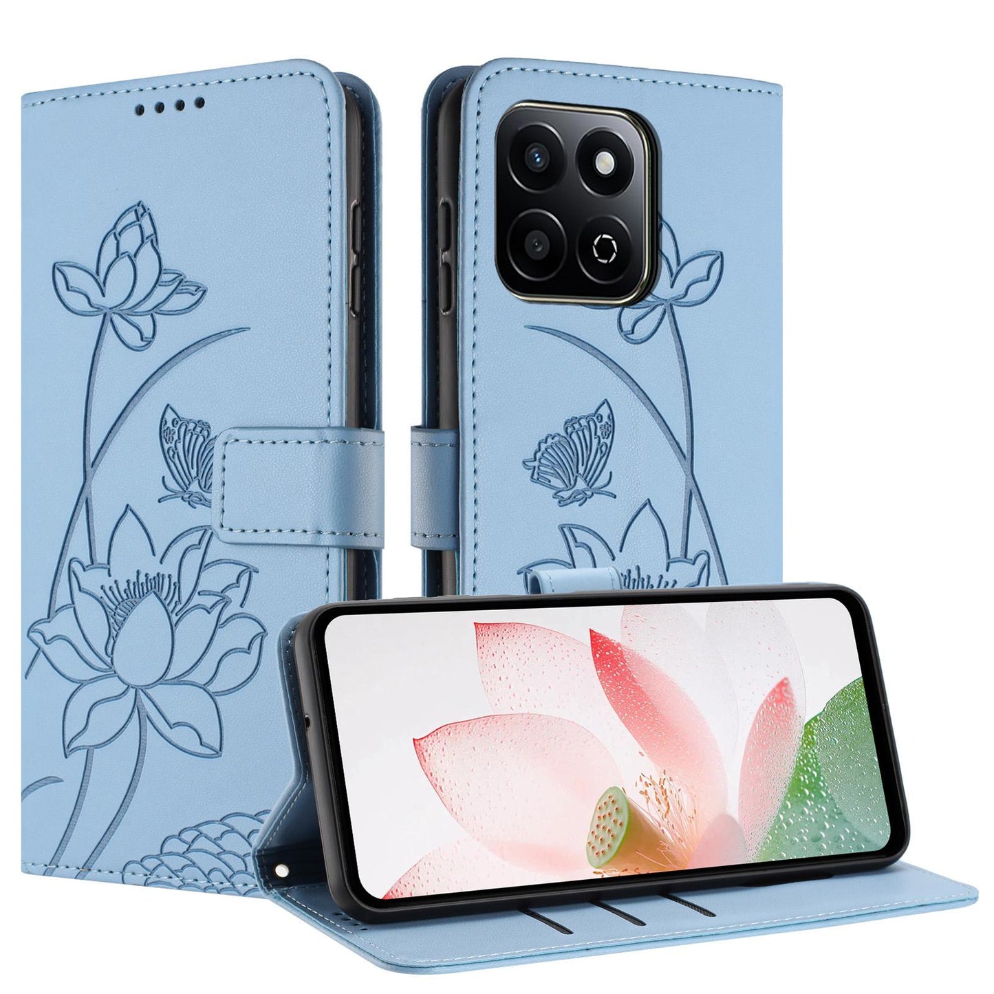 Honor 200 Smart 5G Lotus Embossed PU Leather Wallet Phone Case with Card Holder, Cash Pocket, Magnetic Flip Stand Cover, Wrist Lanyard Strap, Shockproof TPU Protective Folio Case - Purple