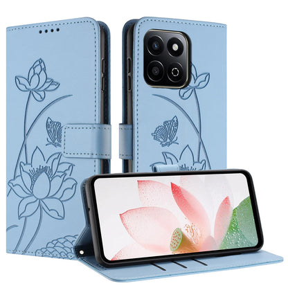 Honor 200 Smart 5G Lotus Embossed PU Leather Wallet Phone Case with Card Holder, Cash Pocket, Magnetic Flip Stand Cover, Wrist Lanyard Strap, Shockproof TPU Protective Folio Case - Purple