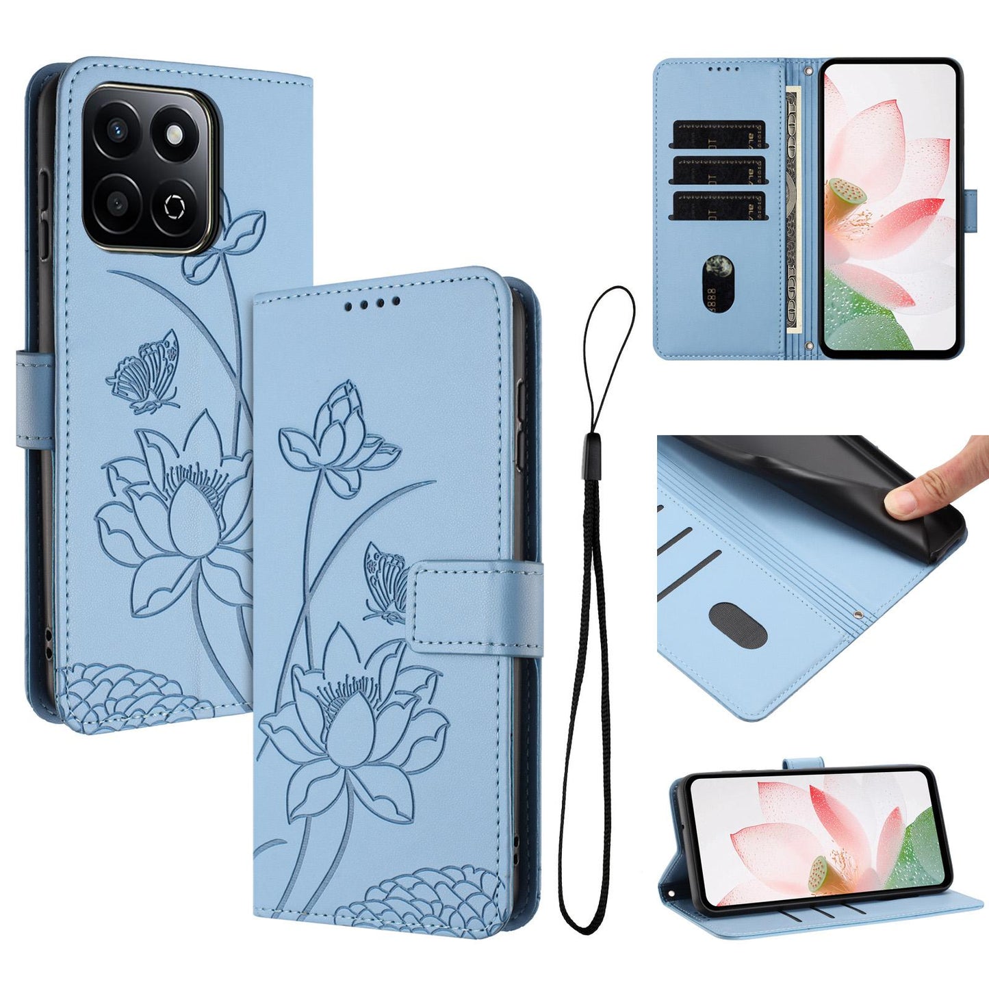 Honor 200 Smart 5G Lotus Embossed PU Leather Wallet Phone Case with Card Holder, Cash Pocket, Magnetic Flip Stand Cover, Wrist Lanyard Strap, Shockproof TPU Protective Folio Case - Purple