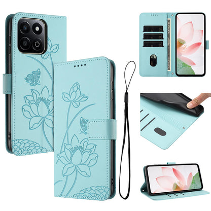 Honor X7c 4G Lotus Embossed PU Leather Wallet Phone Case with Card Holder, Cash Pocket, Magnetic Flip Stand Cover, Wrist Lanyard Strap, Shockproof TPU Protective Folio Case - Purple