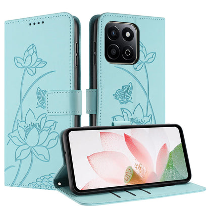 Honor 200 Smart 5G Lotus Embossed PU Leather Wallet Phone Case with Card Holder, Cash Pocket, Magnetic Flip Stand Cover, Wrist Lanyard Strap, Shockproof TPU Protective Folio Case - Purple
