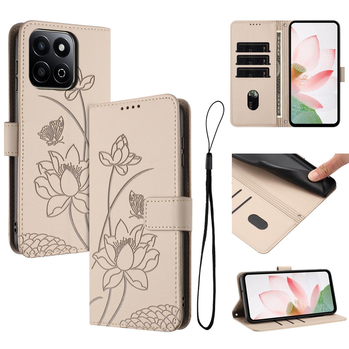 Honor 200 Smart 5G Lotus Embossed PU Leather Wallet Phone Case with Card Holder, Cash Pocket, Magnetic Flip Stand Cover, Wrist Lanyard Strap, Shockproof TPU Protective Folio Case - Purple