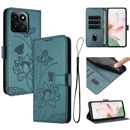 Honor X7c 4G Lotus Embossed PU Leather Wallet Phone Case with Card Holder, Cash Pocket, Magnetic Flip Stand Cover, Wrist Lanyard Strap, Shockproof TPU Protective Folio Case - Purple