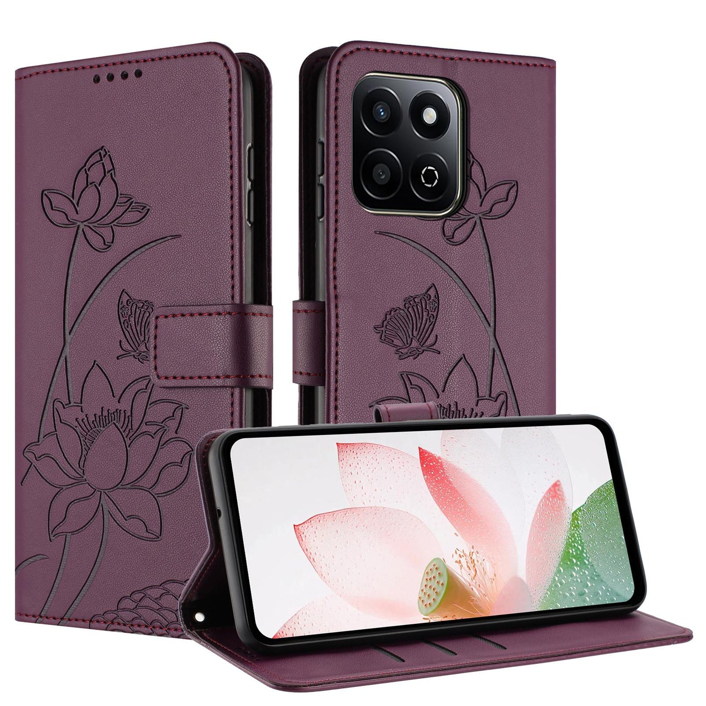 Honor X7c 4G Lotus Embossed PU Leather Wallet Phone Case with Card Holder, Cash Pocket, Magnetic Flip Stand Cover, Wrist Lanyard Strap, Shockproof TPU Protective Folio Case - Purple
