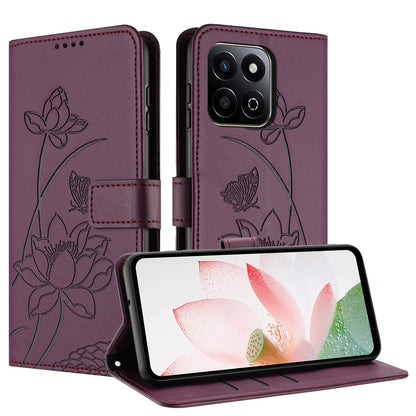 Honor 200 Smart 5G Lotus Embossed PU Leather Wallet Phone Case with Card Holder, Cash Pocket, Magnetic Flip Stand Cover, Wrist Lanyard Strap, Shockproof TPU Protective Folio Case - Purple