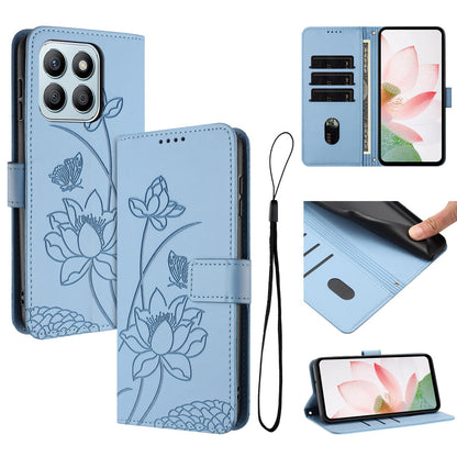 Honor X8b Lotus Embossed PU Leather Wallet Phone Case with Card Holder, Cash Pocket, Magnetic Flip Stand Cover, Wrist Lanyard Strap, Shockproof TPU Protective Folio Case - Purple