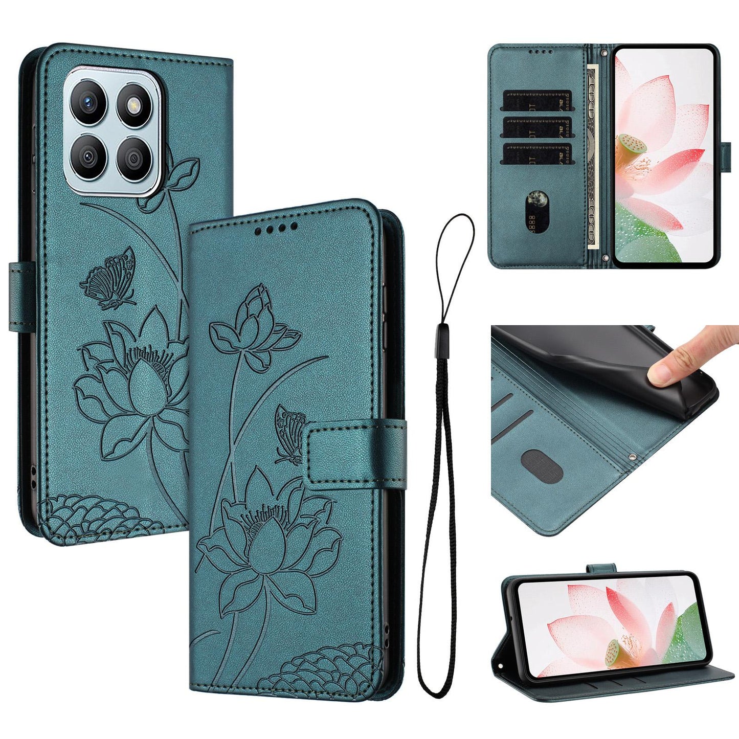 Honor X8b Lotus Embossed PU Leather Wallet Phone Case with Card Holder, Cash Pocket, Magnetic Flip Stand Cover, Wrist Lanyard Strap, Shockproof TPU Protective Folio Case - Purple