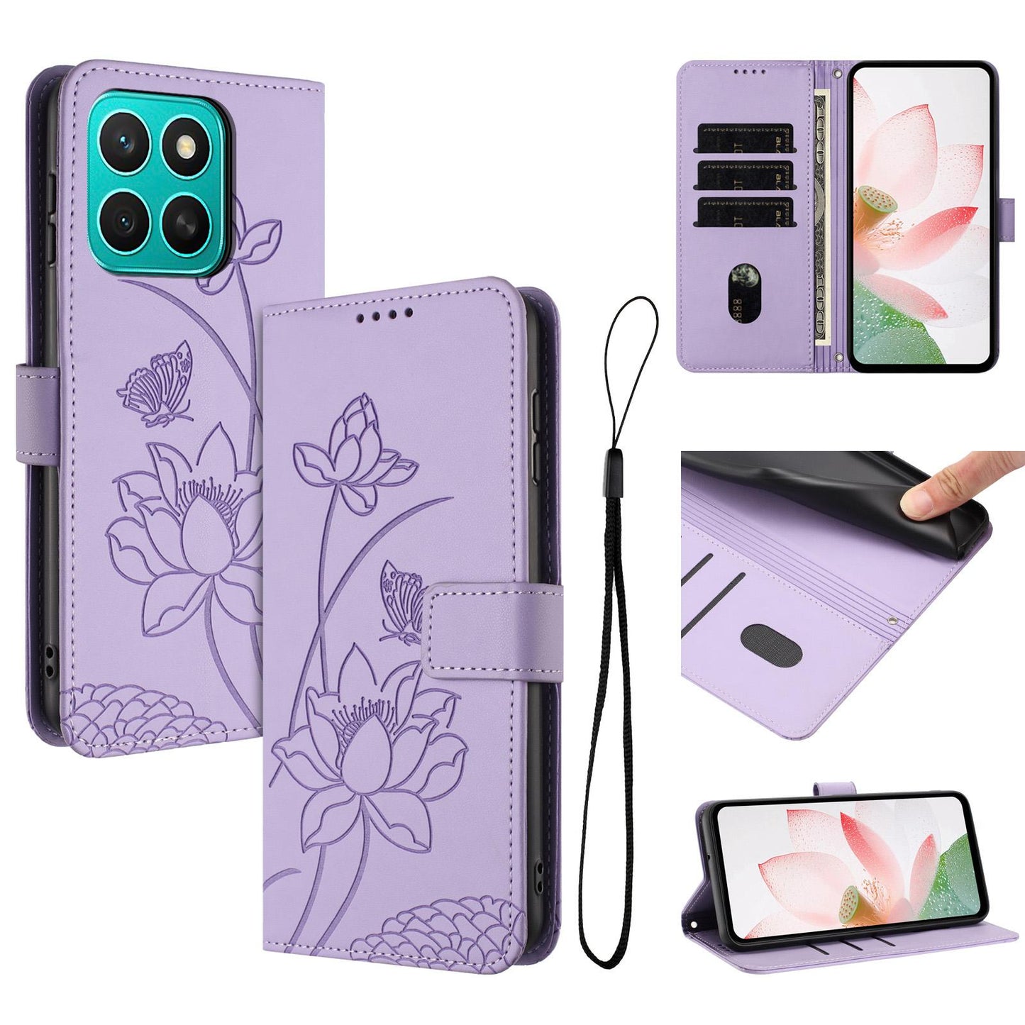 Honor X8c 4G Lotus Embossed PU Leather Wallet Phone Case with Card Holder, Cash Pocket, Magnetic Flip Stand Cover, Wrist Lanyard Strap, Shockproof TPU Protective Folio Case - Purple