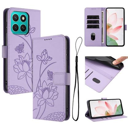 Honor X8c 4G Lotus Embossed PU Leather Wallet Phone Case with Card Holder, Cash Pocket, Magnetic Flip Stand Cover, Wrist Lanyard Strap, Shockproof TPU Protective Folio Case - Purple