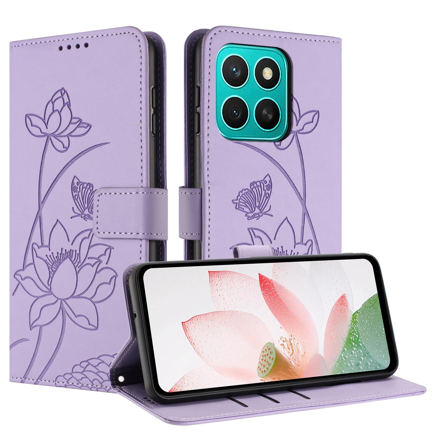 Honor X8c 4G Lotus Embossed PU Leather Wallet Phone Case with Card Holder, Cash Pocket, Magnetic Flip Stand Cover, Wrist Lanyard Strap, Shockproof TPU Protective Folio Case - Purple