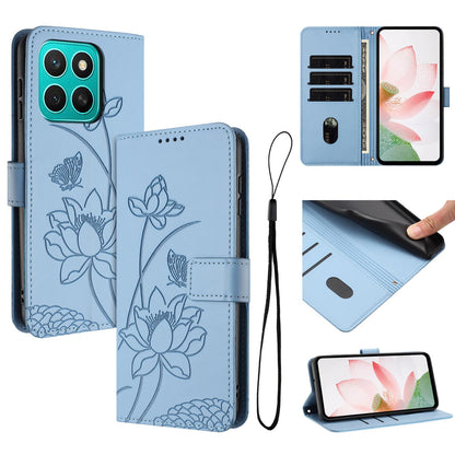 Honor X8c 4G Lotus Embossed PU Leather Wallet Phone Case with Card Holder, Cash Pocket, Magnetic Flip Stand Cover, Wrist Lanyard Strap, Shockproof TPU Protective Folio Case - Purple