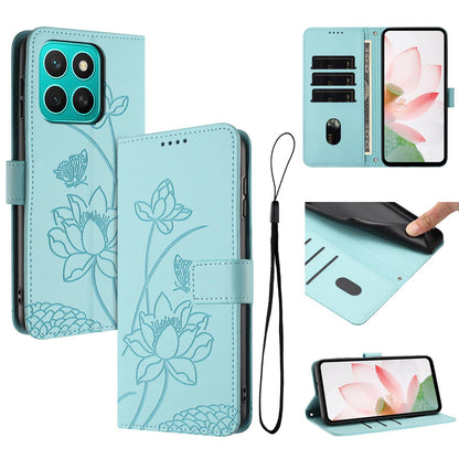 Honor X8c 4G Lotus Embossed PU Leather Wallet Phone Case with Card Holder, Cash Pocket, Magnetic Flip Stand Cover, Wrist Lanyard Strap, Shockproof TPU Protective Folio Case - Purple