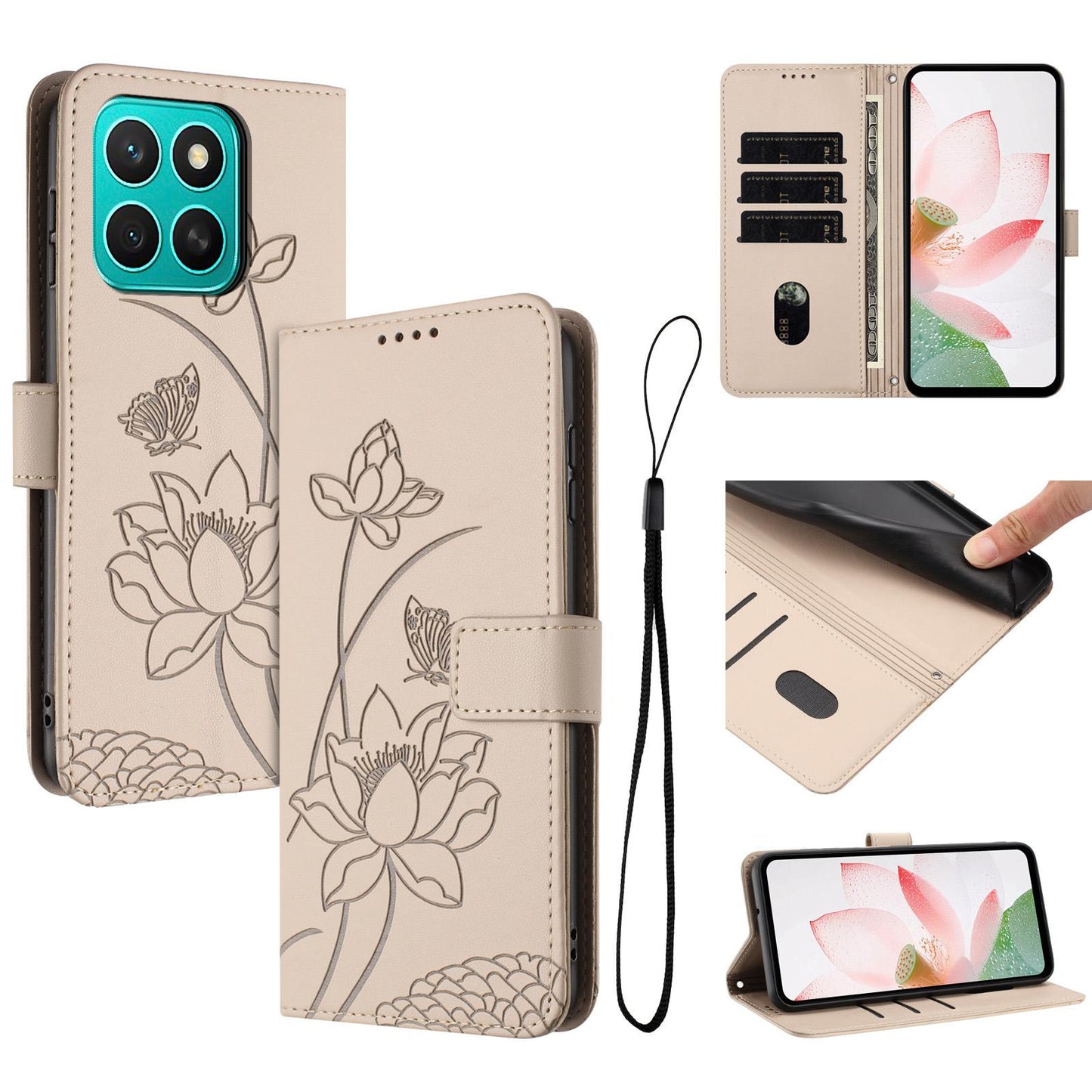Honor X8c 4G Lotus Embossed PU Leather Wallet Phone Case with Card Holder, Cash Pocket, Magnetic Flip Stand Cover, Wrist Lanyard Strap, Shockproof TPU Protective Folio Case - Purple