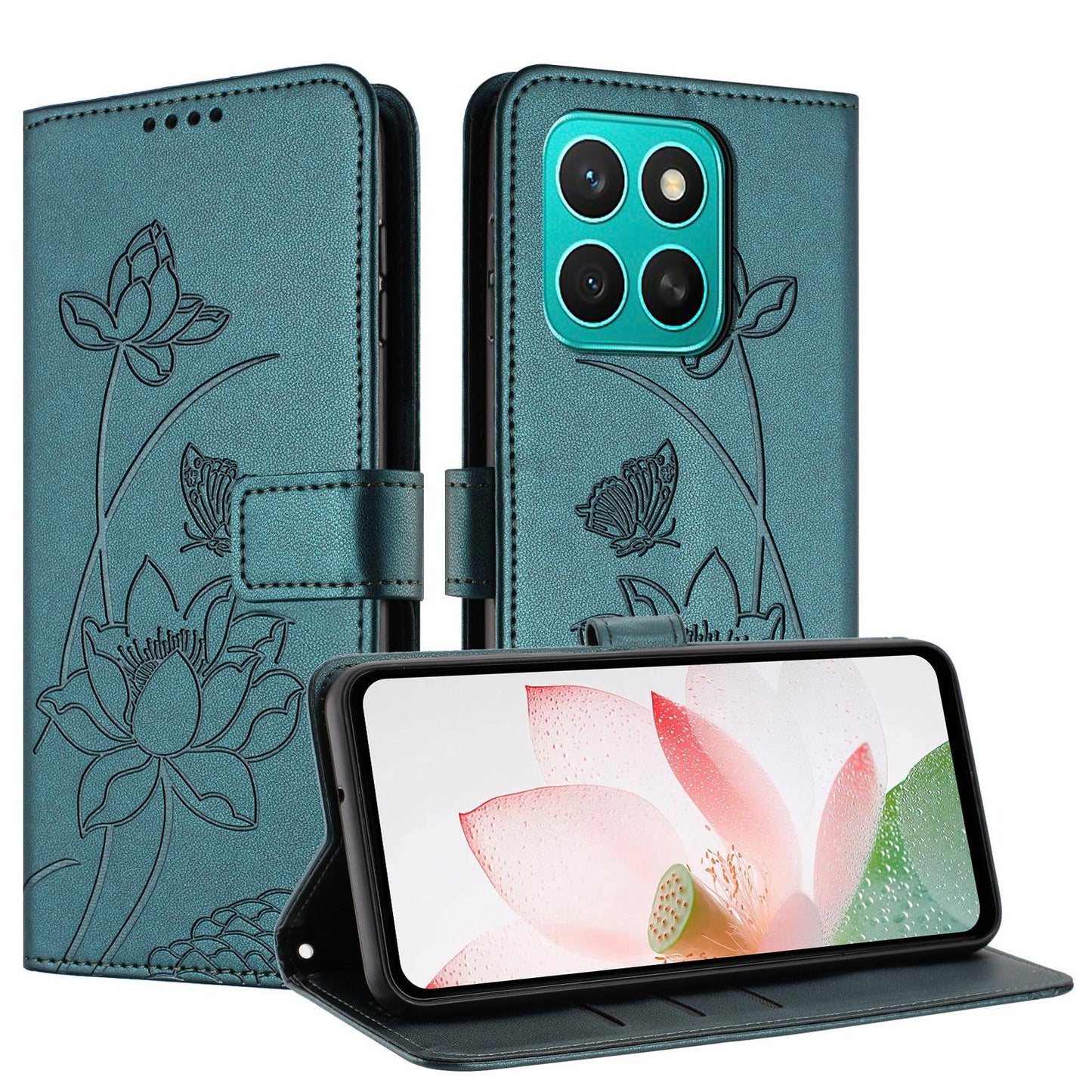 Honor X8c 4G Lotus Embossed PU Leather Wallet Phone Case with Card Holder, Cash Pocket, Magnetic Flip Stand Cover, Wrist Lanyard Strap, Shockproof TPU Protective Folio Case - Purple