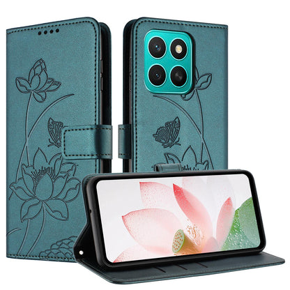 Honor X8c 4G Lotus Embossed PU Leather Wallet Phone Case with Card Holder, Cash Pocket, Magnetic Flip Stand Cover, Wrist Lanyard Strap, Shockproof TPU Protective Folio Case - Purple