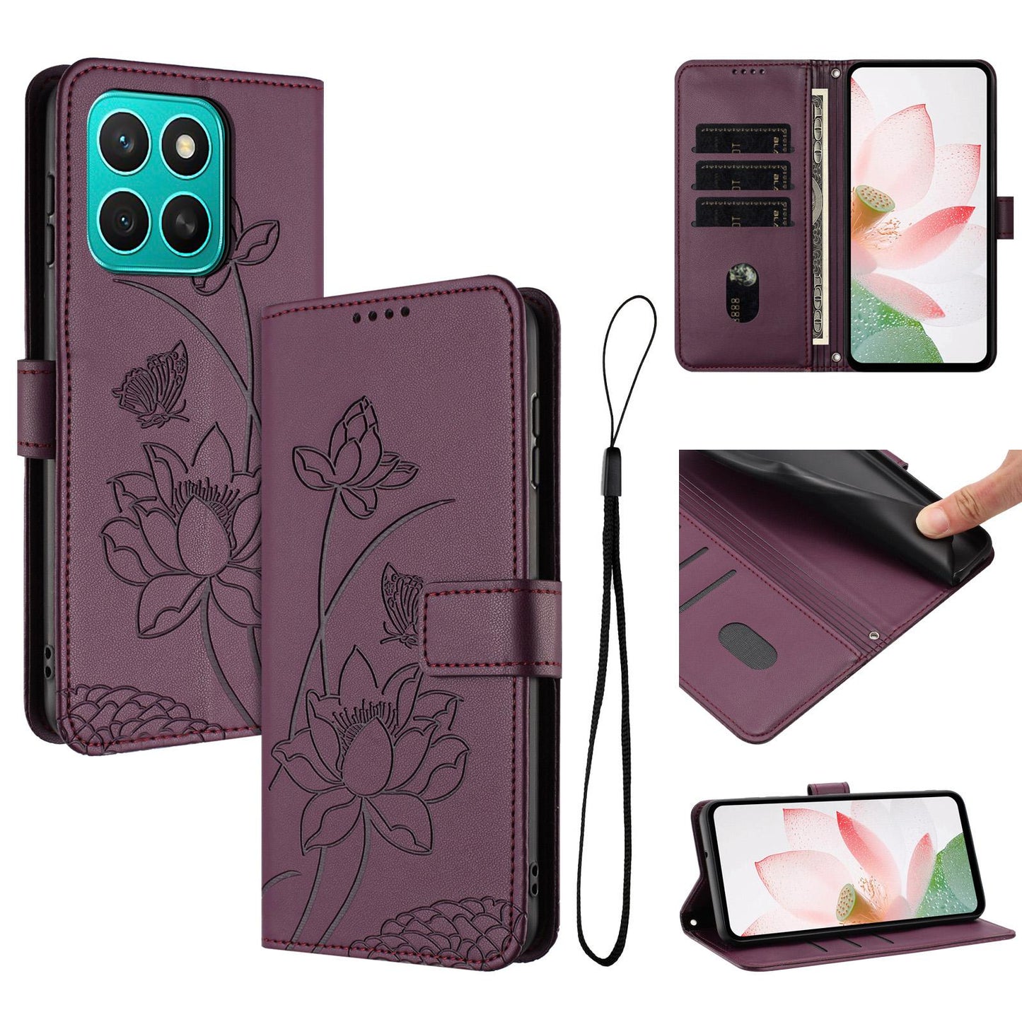 Honor X8c 4G Lotus Embossed PU Leather Wallet Phone Case with Card Holder, Cash Pocket, Magnetic Flip Stand Cover, Wrist Lanyard Strap, Shockproof TPU Protective Folio Case - Purple