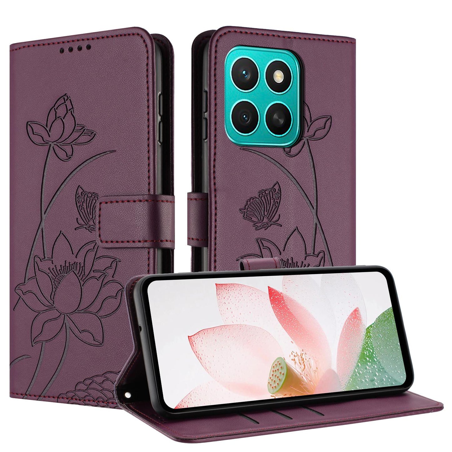 Honor X8c 4G Lotus Embossed PU Leather Wallet Phone Case with Card Holder, Cash Pocket, Magnetic Flip Stand Cover, Wrist Lanyard Strap, Shockproof TPU Protective Folio Case - Purple