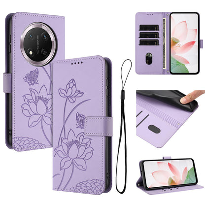 Honor X9c 5G Lotus Embossed PU Leather Wallet Phone Case with Card Holder, Cash Pocket, Magnetic Flip Stand Cover, Wrist Lanyard Strap, Shockproof TPU Protective Folio Case - Purple