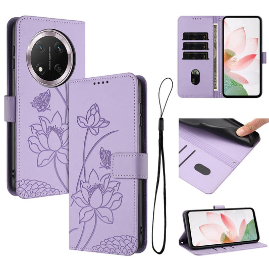 Honor X9c 5G Lotus Embossed PU Leather Wallet Phone Case with Card Holder, Cash Pocket, Magnetic Flip Stand Cover, Wrist Lanyard Strap, Shockproof TPU Protective Folio Case - Purple