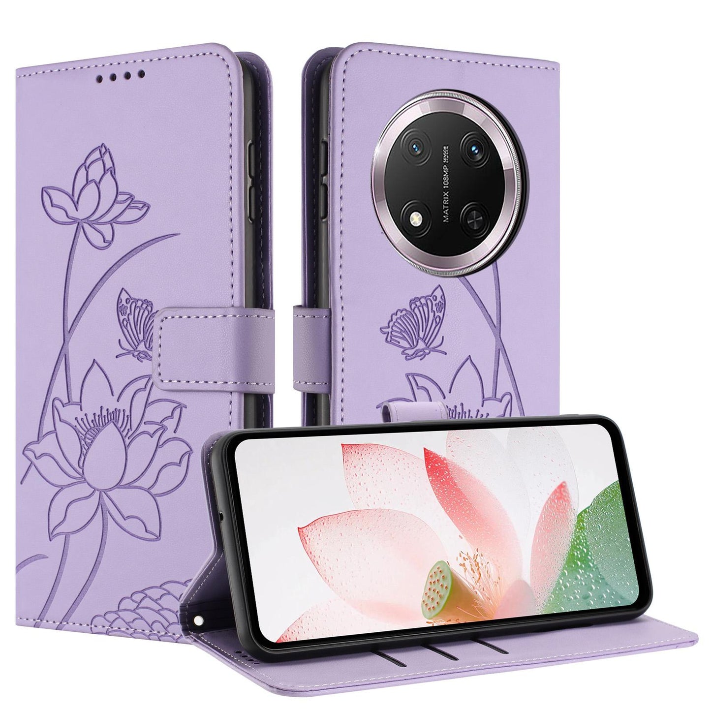 Honor X9c 5G Lotus Embossed PU Leather Wallet Phone Case with Card Holder, Cash Pocket, Magnetic Flip Stand Cover, Wrist Lanyard Strap, Shockproof TPU Protective Folio Case - Purple