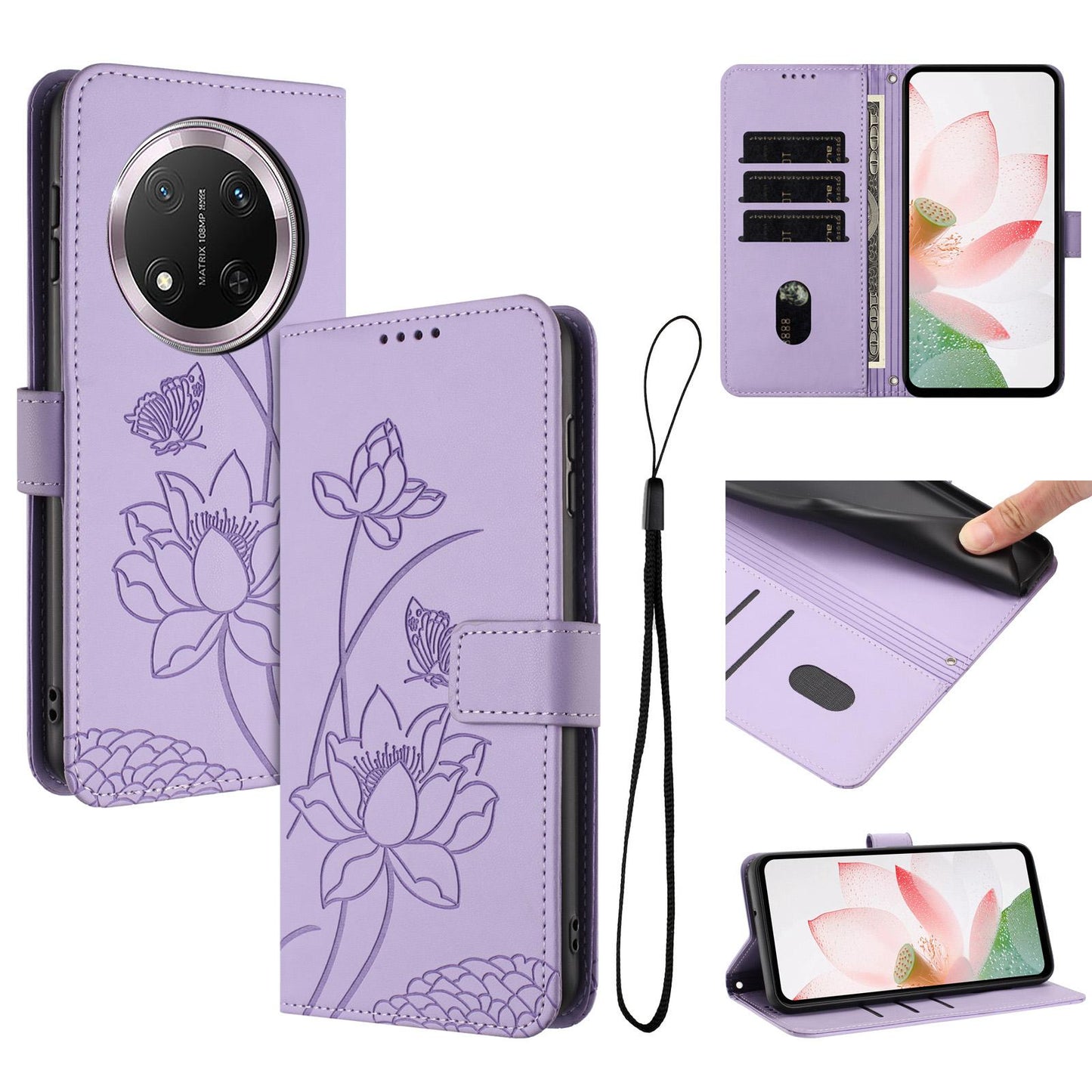 Honor Magic7 Lite Lotus Embossed PU Leather Wallet Phone Case with Card Holder, Cash Pocket, Magnetic Flip Stand Cover, Wrist Lanyard Strap, Shockproof TPU Protective Folio Case - Purple