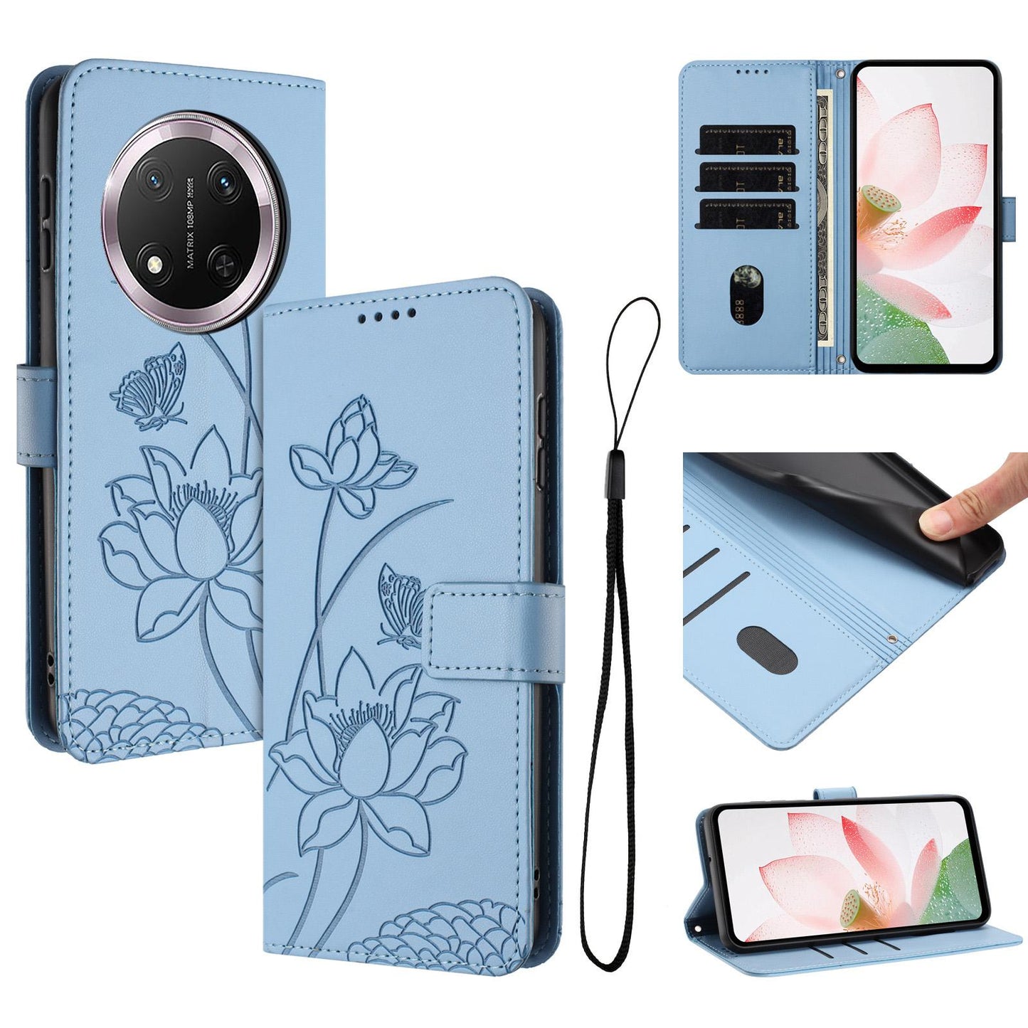 Honor X9c 5G Lotus Embossed PU Leather Wallet Phone Case with Card Holder, Cash Pocket, Magnetic Flip Stand Cover, Wrist Lanyard Strap, Shockproof TPU Protective Folio Case - Purple