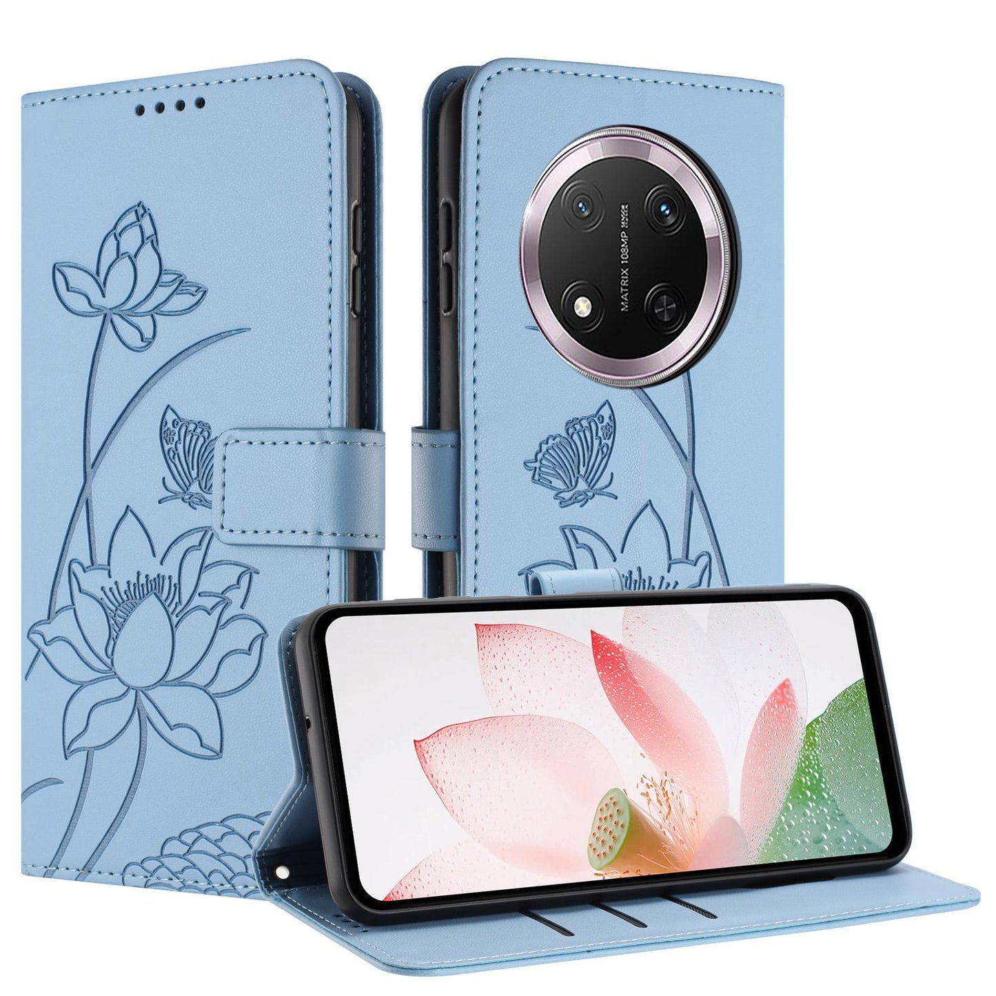 Honor X9c 5G Lotus Embossed PU Leather Wallet Phone Case with Card Holder, Cash Pocket, Magnetic Flip Stand Cover, Wrist Lanyard Strap, Shockproof TPU Protective Folio Case - Purple