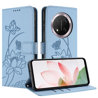 Honor X9c 5G Lotus Embossed PU Leather Wallet Phone Case with Card Holder, Cash Pocket, Magnetic Flip Stand Cover, Wrist Lanyard Strap, Shockproof TPU Protective Folio Case - Purple
