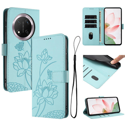 Honor X9c 5G Lotus Embossed PU Leather Wallet Phone Case with Card Holder, Cash Pocket, Magnetic Flip Stand Cover, Wrist Lanyard Strap, Shockproof TPU Protective Folio Case - Purple