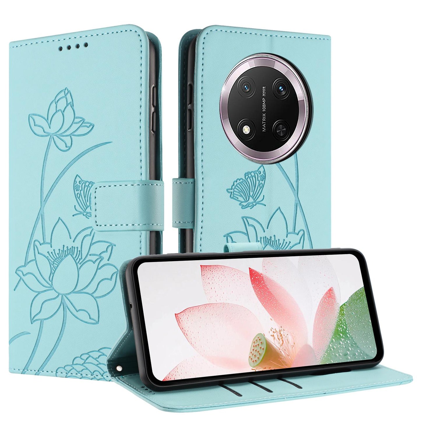 Honor Magic7 Lite Lotus Embossed PU Leather Wallet Phone Case with Card Holder, Cash Pocket, Magnetic Flip Stand Cover, Wrist Lanyard Strap, Shockproof TPU Protective Folio Case - Purple