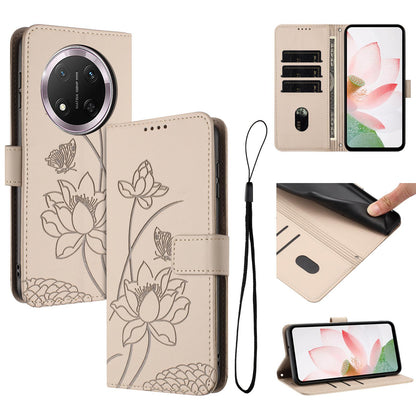 Honor X9c 5G Lotus Embossed PU Leather Wallet Phone Case with Card Holder, Cash Pocket, Magnetic Flip Stand Cover, Wrist Lanyard Strap, Shockproof TPU Protective Folio Case - Purple