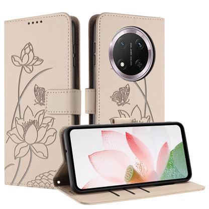 Honor X9c 5G Lotus Embossed PU Leather Wallet Phone Case with Card Holder, Cash Pocket, Magnetic Flip Stand Cover, Wrist Lanyard Strap, Shockproof TPU Protective Folio Case - Purple