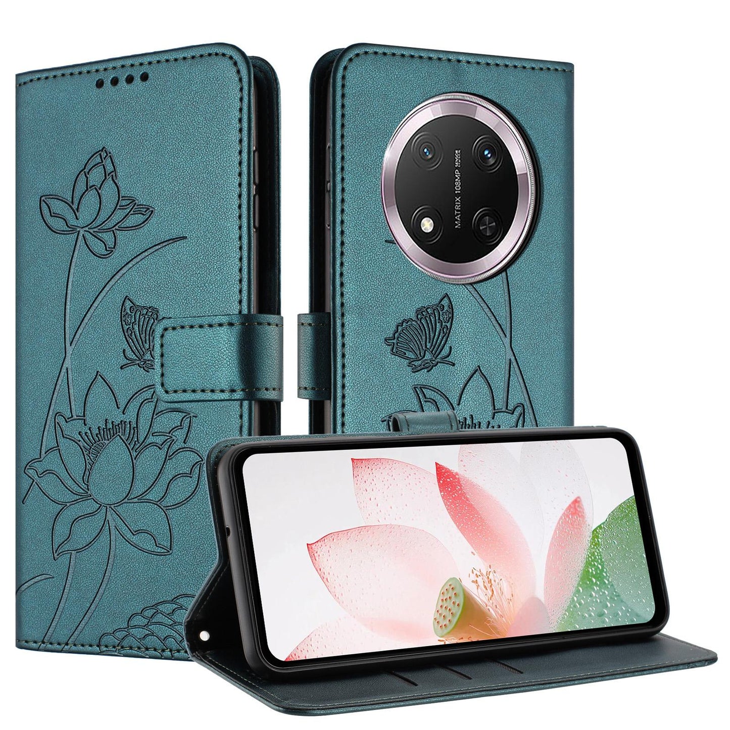 Honor X9c 5G Lotus Embossed PU Leather Wallet Phone Case with Card Holder, Cash Pocket, Magnetic Flip Stand Cover, Wrist Lanyard Strap, Shockproof TPU Protective Folio Case - Purple