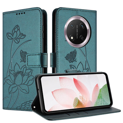 Honor X9c 5G Lotus Embossed PU Leather Wallet Phone Case with Card Holder, Cash Pocket, Magnetic Flip Stand Cover, Wrist Lanyard Strap, Shockproof TPU Protective Folio Case - Purple