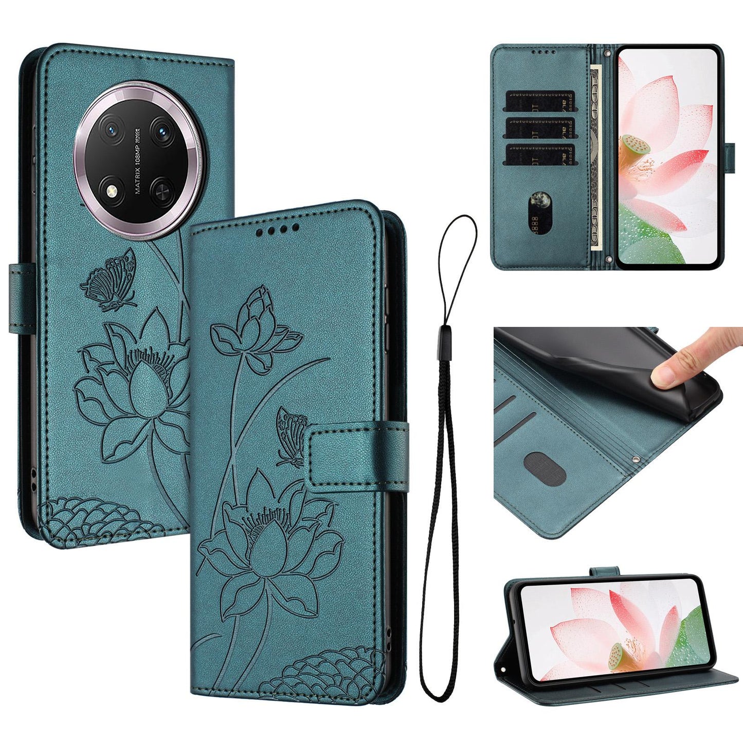 Honor Magic7 Lite Lotus Embossed PU Leather Wallet Phone Case with Card Holder, Cash Pocket, Magnetic Flip Stand Cover, Wrist Lanyard Strap, Shockproof TPU Protective Folio Case - Purple