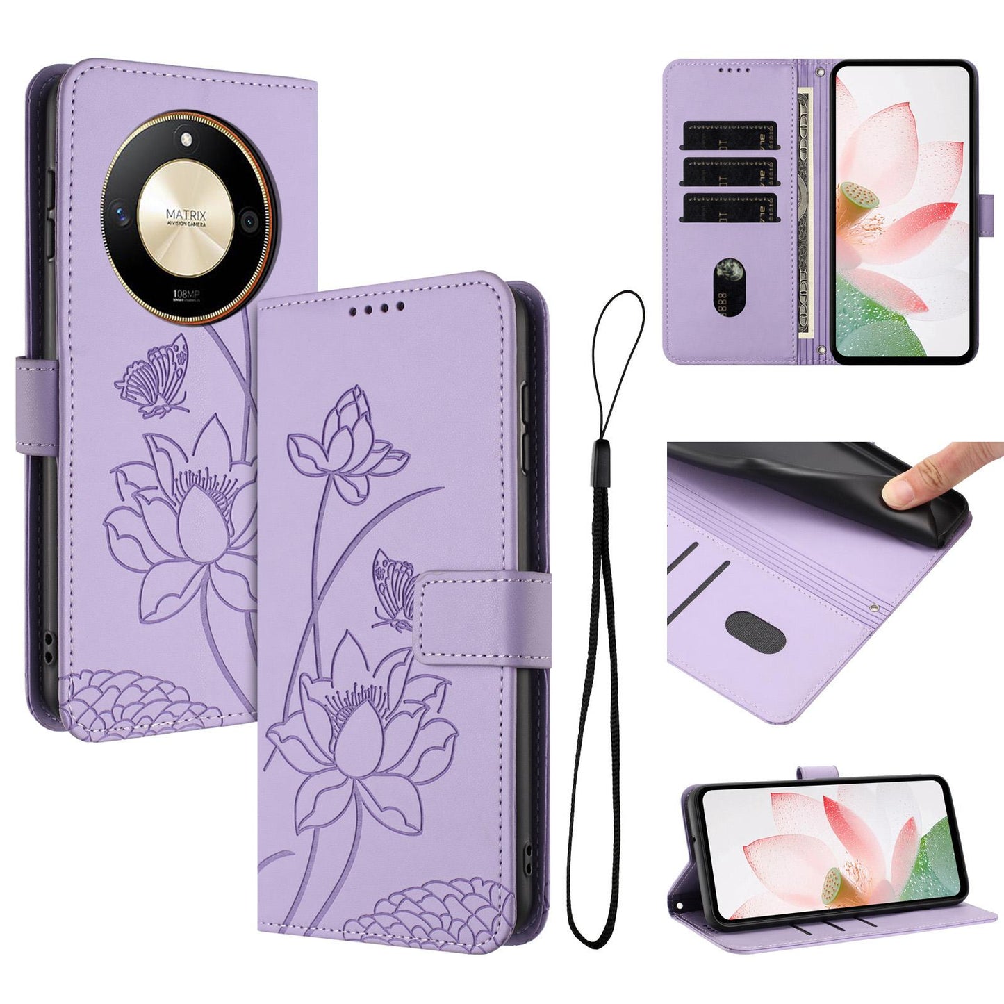 Honor X50 Lotus Embossed PU Leather Wallet Phone Case with Card Holder, Cash Pocket, Magnetic Flip Stand Cover, Wrist Lanyard Strap, Shockproof TPU Protective Folio Case - Purple