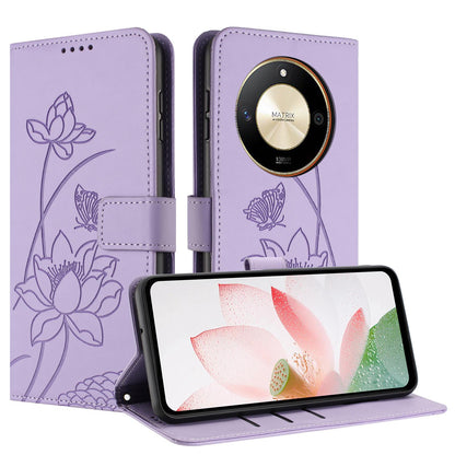Honor X9b Lotus Embossed PU Leather Wallet Phone Case with Card Holder, Cash Pocket, Magnetic Flip Stand Cover, Wrist Lanyard Strap, Shockproof TPU Protective Folio Case - Purple