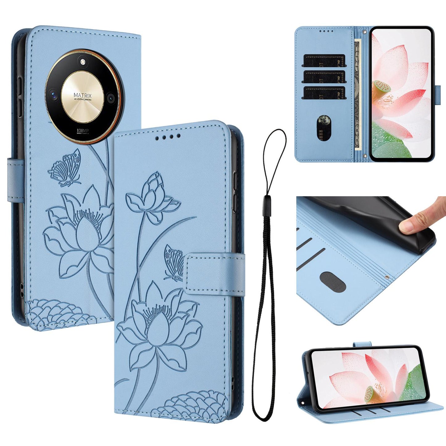 Honor X50 Lotus Embossed PU Leather Wallet Phone Case with Card Holder, Cash Pocket, Magnetic Flip Stand Cover, Wrist Lanyard Strap, Shockproof TPU Protective Folio Case - Purple