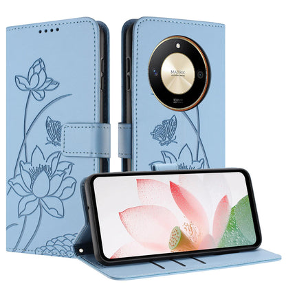 Honor X50 Lotus Embossed PU Leather Wallet Phone Case with Card Holder, Cash Pocket, Magnetic Flip Stand Cover, Wrist Lanyard Strap, Shockproof TPU Protective Folio Case - Purple