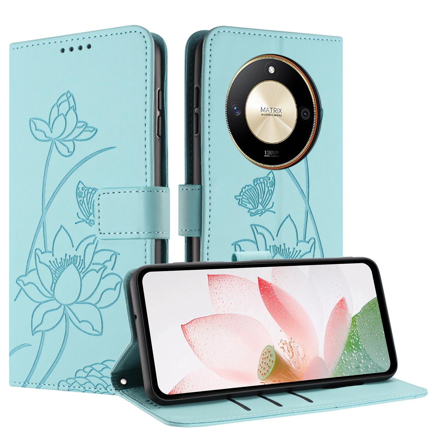 Honor X50 Lotus Embossed PU Leather Wallet Phone Case with Card Holder, Cash Pocket, Magnetic Flip Stand Cover, Wrist Lanyard Strap, Shockproof TPU Protective Folio Case - Purple