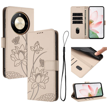 Honor X50 Lotus Embossed PU Leather Wallet Phone Case with Card Holder, Cash Pocket, Magnetic Flip Stand Cover, Wrist Lanyard Strap, Shockproof TPU Protective Folio Case - Purple