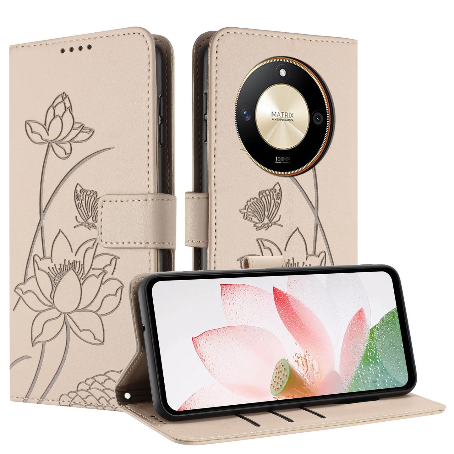 Honor X9b Lotus Embossed PU Leather Wallet Phone Case with Card Holder, Cash Pocket, Magnetic Flip Stand Cover, Wrist Lanyard Strap, Shockproof TPU Protective Folio Case - Purple