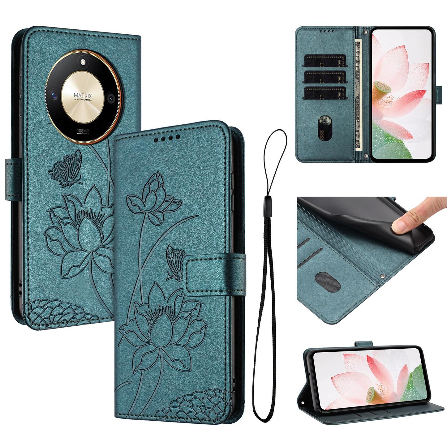Honor X50 Lotus Embossed PU Leather Wallet Phone Case with Card Holder, Cash Pocket, Magnetic Flip Stand Cover, Wrist Lanyard Strap, Shockproof TPU Protective Folio Case - Purple