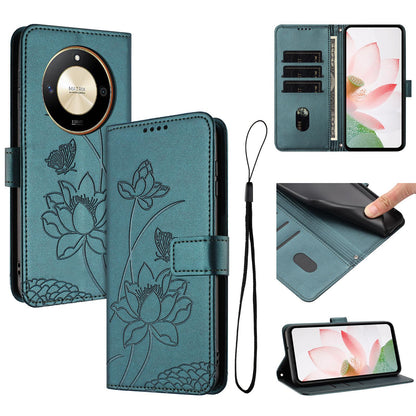 Honor X50 Lotus Embossed PU Leather Wallet Phone Case with Card Holder, Cash Pocket, Magnetic Flip Stand Cover, Wrist Lanyard Strap, Shockproof TPU Protective Folio Case - Purple