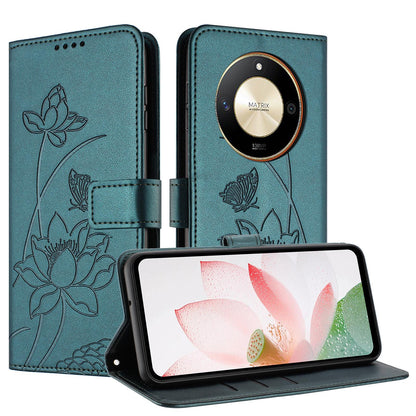 Honor X50 Lotus Embossed PU Leather Wallet Phone Case with Card Holder, Cash Pocket, Magnetic Flip Stand Cover, Wrist Lanyard Strap, Shockproof TPU Protective Folio Case - Purple