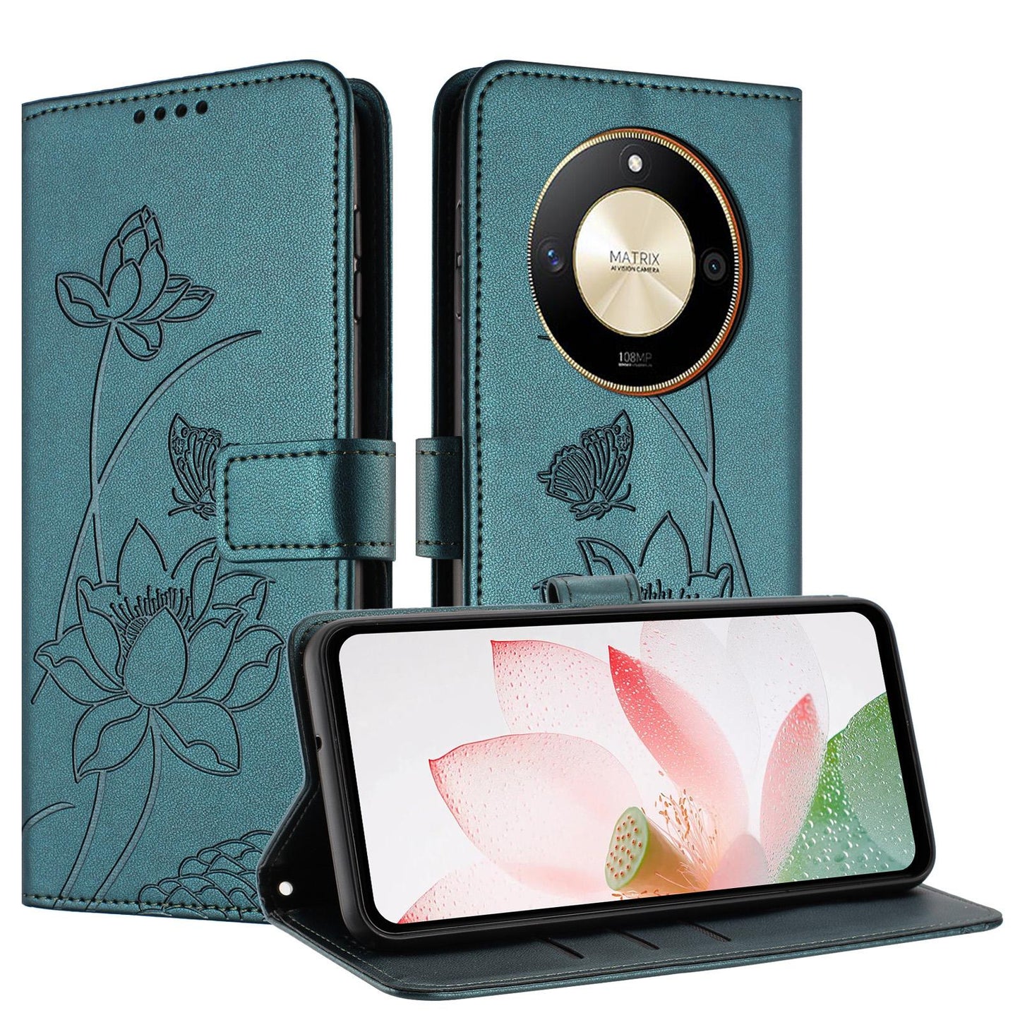 Honor X9b Lotus Embossed PU Leather Wallet Phone Case with Card Holder, Cash Pocket, Magnetic Flip Stand Cover, Wrist Lanyard Strap, Shockproof TPU Protective Folio Case - Purple