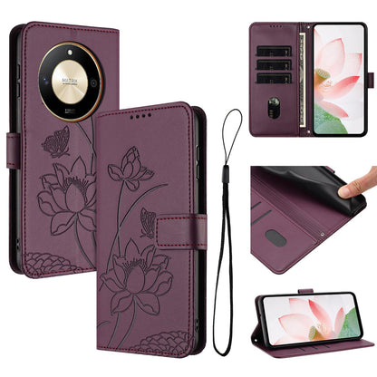 Honor X50 Lotus Embossed PU Leather Wallet Phone Case with Card Holder, Cash Pocket, Magnetic Flip Stand Cover, Wrist Lanyard Strap, Shockproof TPU Protective Folio Case - Purple