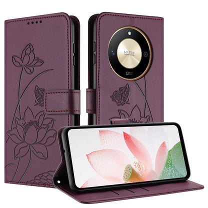 Honor X50 Lotus Embossed PU Leather Wallet Phone Case with Card Holder, Cash Pocket, Magnetic Flip Stand Cover, Wrist Lanyard Strap, Shockproof TPU Protective Folio Case - Purple