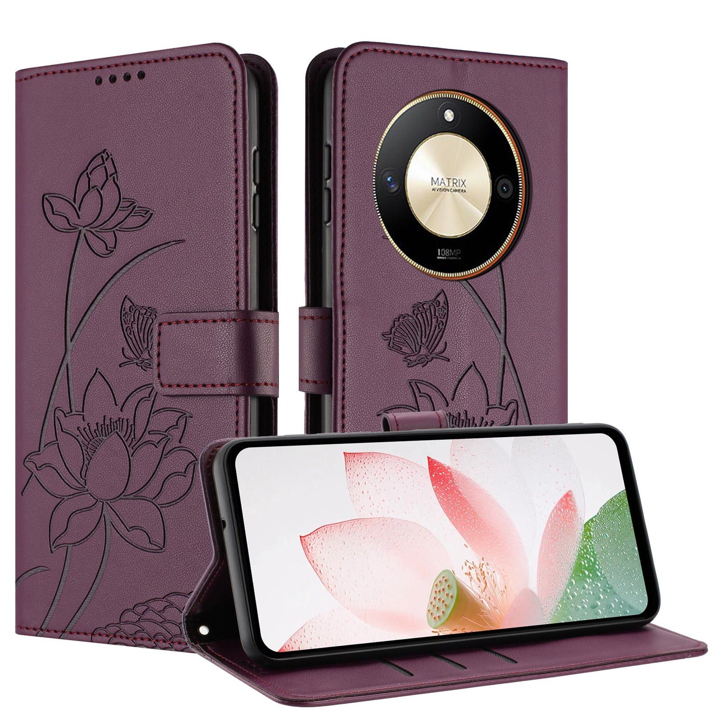 Honor X9b Lotus Embossed PU Leather Wallet Phone Case with Card Holder, Cash Pocket, Magnetic Flip Stand Cover, Wrist Lanyard Strap, Shockproof TPU Protective Folio Case - Purple