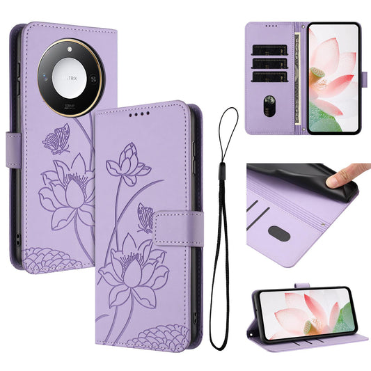 Honor X60 Lotus Embossed PU Leather Wallet Phone Case with Card Holder, Cash Pocket, Magnetic Flip Stand Cover, Wrist Lanyard Strap, Shockproof TPU Protective Folio Case - Purple